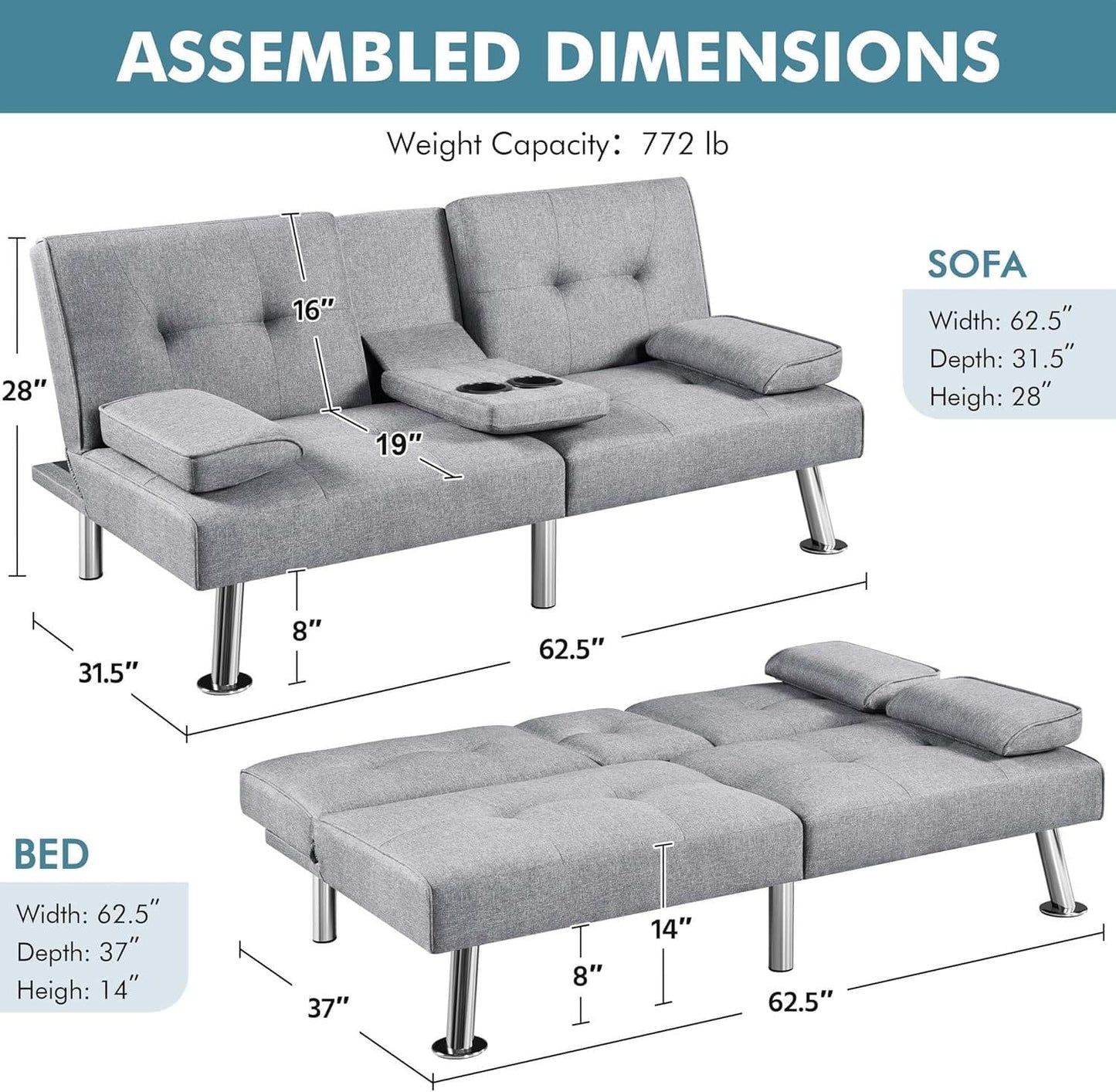 ZEKE Grey Fabric Sofa bed-Chromed Legs 2 Seater Versatile Sofa – Modern Sofas | Maison Alera