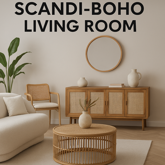 Scandi-Boho living room with cane sideboard and boucle chair – Maison Alera style