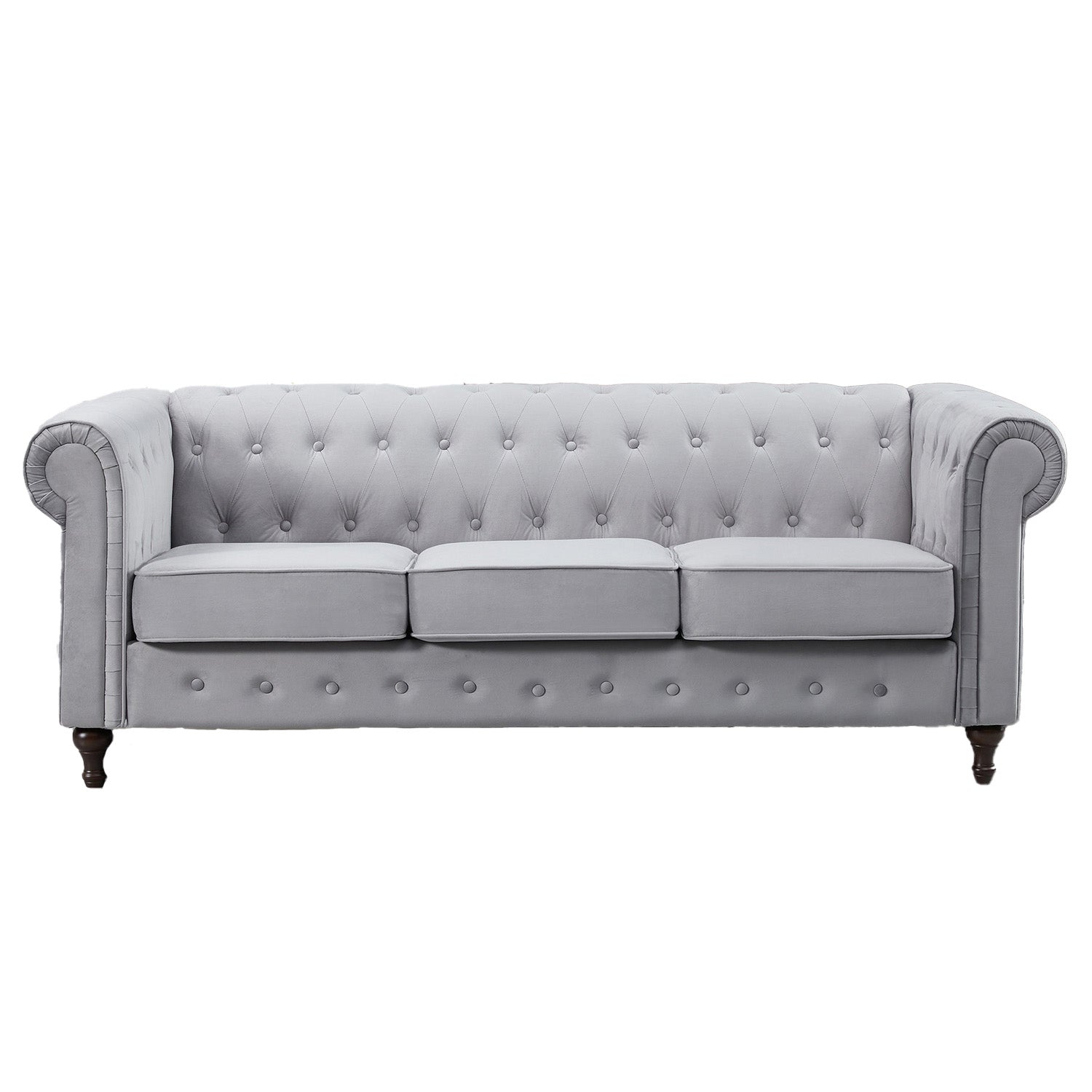 Grey velvet 3-seater Chesterfield sofa with button tufting, rolled arms, and wooden legs – elegant and bold design