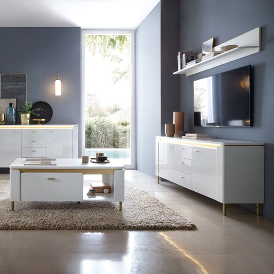 Lazio TV Cabinet in Alpine White Gloss with 2 Doors, 1 Drawer, LED lighting and gold legs, modern media unit for luxury living rooms

