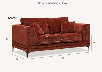 Lenox Sofa in Rust Velvet – Mid-Century Modern Sofa by Aluxo with Plush Cushions and Wooden Plinth Base