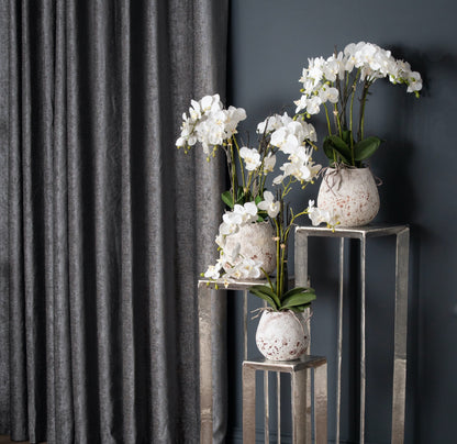 White Faux Orchid in Aged Stone Pot – Realistic Artificial Floral Centerpiece (70cm)