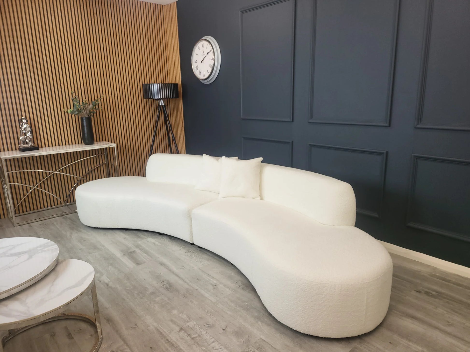 Miami Curved Cinema Sofa in Bouclé with sculptural curved design, soft fabric upholstery, deep seats and modern silhouette, available in 6 stylish colours