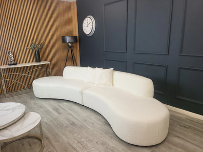 Miami Curved Cinema Sofa in Bouclé with sculptural curved design, soft fabric upholstery, deep seats and modern silhouette, available in 6 stylish colours