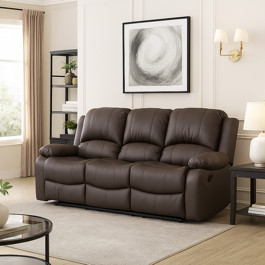 Brown leather 3-seater electric recliner sofa with plush backrest, padded arms, and power recline – modern and spacious design