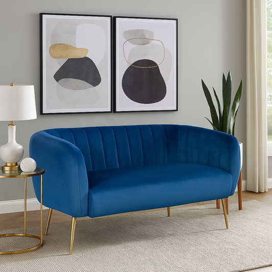 Modern teal velvet 2-seater sofa with vertical channel tufting and slim gold metal legs – stylish compact seating