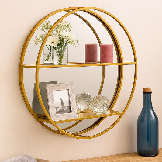 Gold circular wall shelf with decorative items on a beige wall