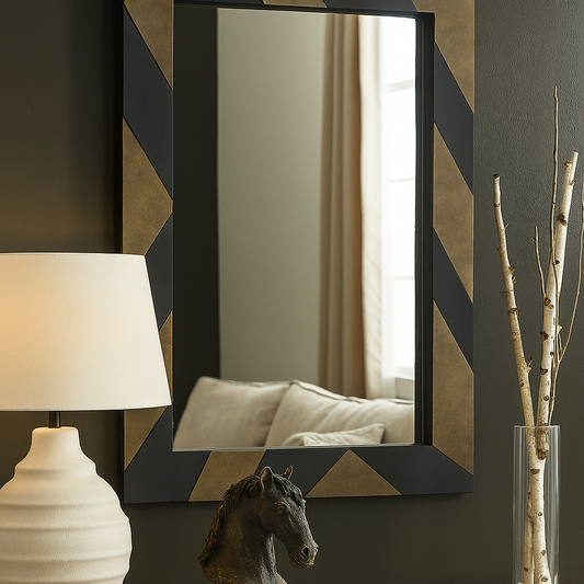 Decorative mirror with geometric frame on a wall, next to a lamp and vase.