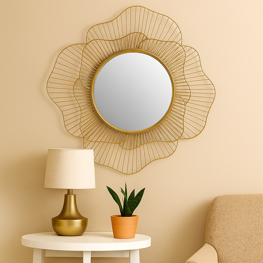 Round gold flower-shaped wall mirror with layered metallic petals, ideal for glam or romantic interior styling