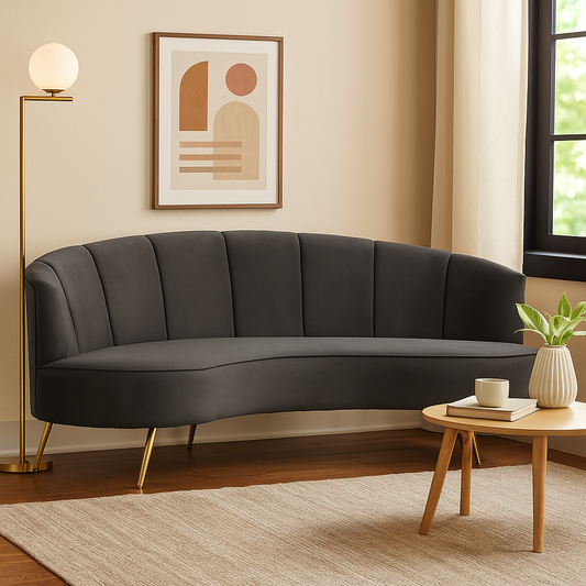 Black velvet curved sofa with pleated back and gold legs, 3 seater mid-century style
