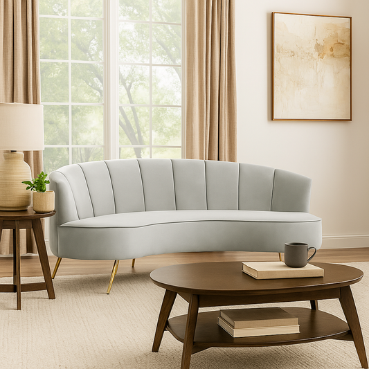 Grey velvet curved 3 seater sofa with gold legs and pleated backrest in mid-century style