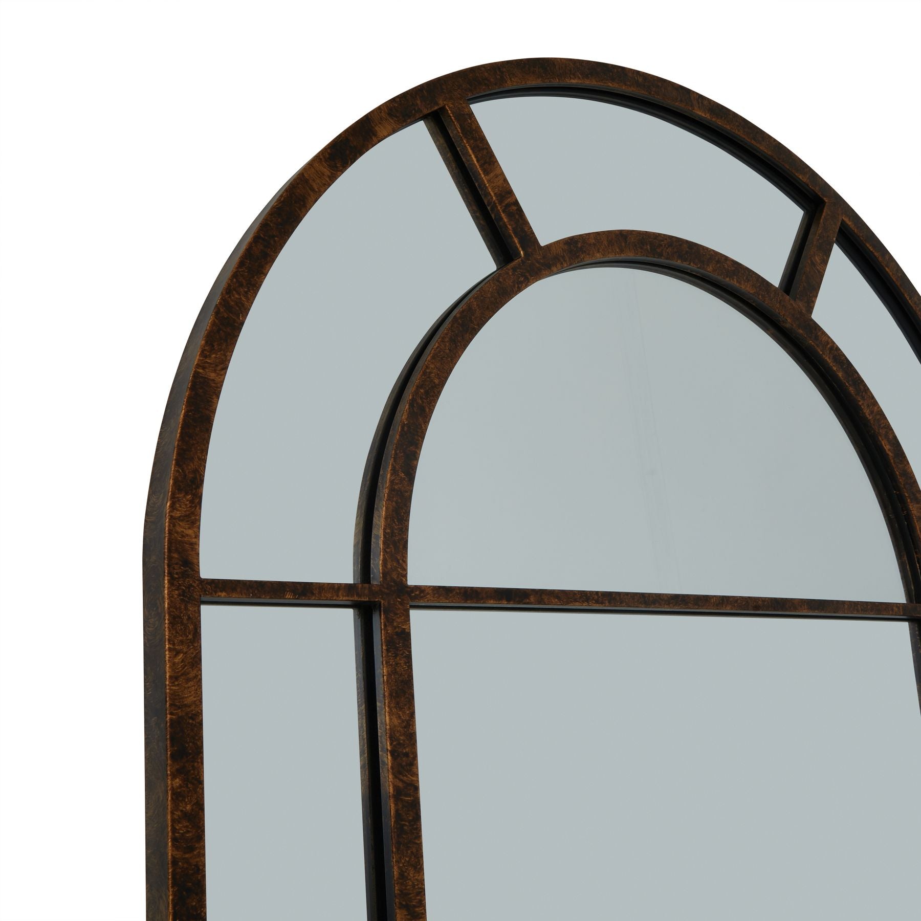 Tall arched window wall mirror with rust-effect metal frame measuring 200cm height and 80cm width, vintage industrial style.
