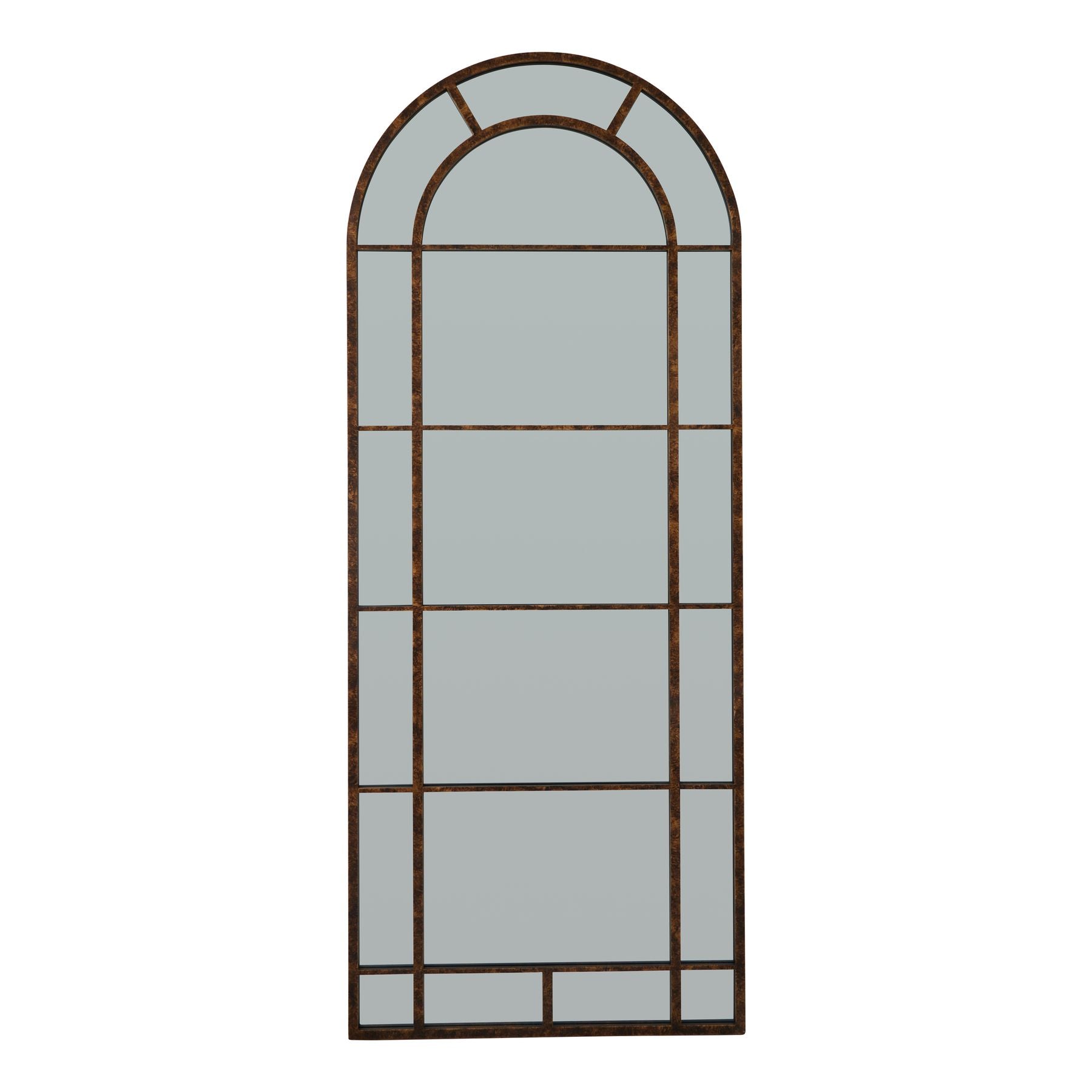 Tall arched window wall mirror with rust-effect metal frame measuring 200cm height and 80cm width, vintage industrial style.