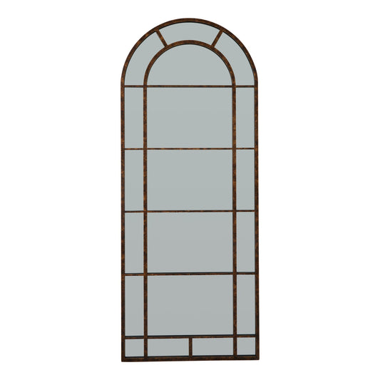 Tall arched window wall mirror with rust-effect metal frame measuring 200cm height and 80cm width, vintage industrial style.