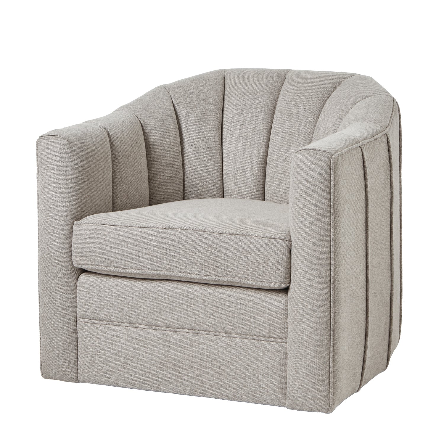 Oatmeal twill swivel chair with rounded backrest and minimalist silhouette