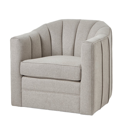Oatmeal twill swivel chair with rounded backrest and minimalist silhouette