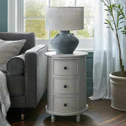 Round wooden side table with three drawers – Camden Collection