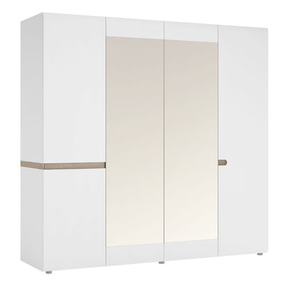 Chelsea 4 Door Mirrored Wardrobe – White High Gloss with Truffle Oak Trim | Adjustable Storage