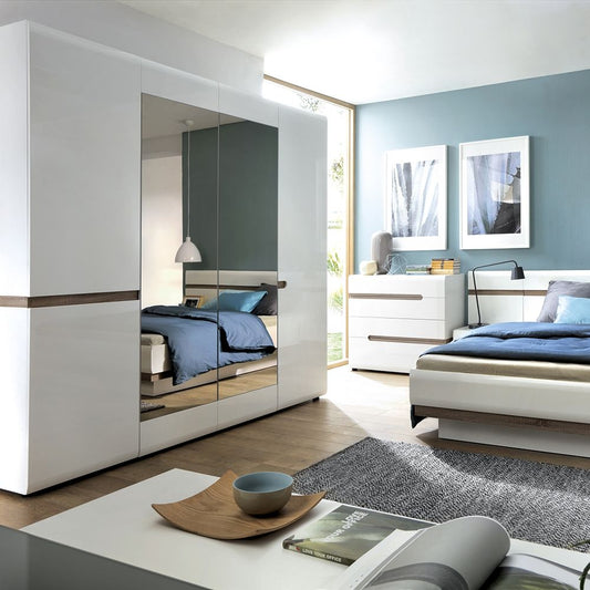 Chelsea 4 Door Mirrored Wardrobe – White High Gloss with Truffle Oak Trim | Adjustable Storage