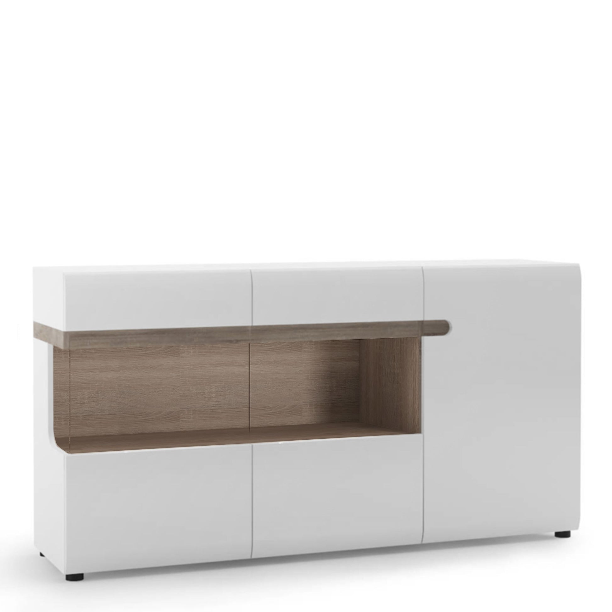 Chelsea 3 door glazed sideboard in white high gloss with truffle oak trim, featuring display section and soft-close handleless design.