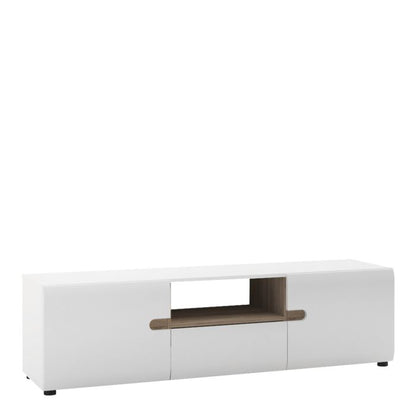 Modern Chelsea Wide TV Unit in White High Gloss with Truffle Oak Trim – 164cm