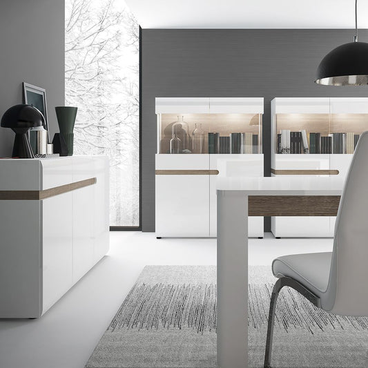 Chelsea white high gloss sideboard with oak trim, two drawers and three doors, modern handleless design.