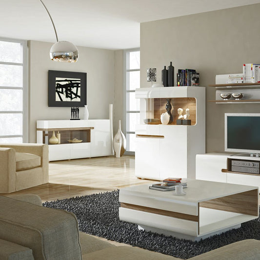 Chelsea low display cabinet 109cm wide in white high gloss with truffle oak trim, glazed section and soft-close handleless design.
