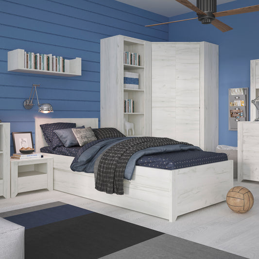 White Oak Single Bed with Pull-Out Storage Drawer – Euro 90x200cm