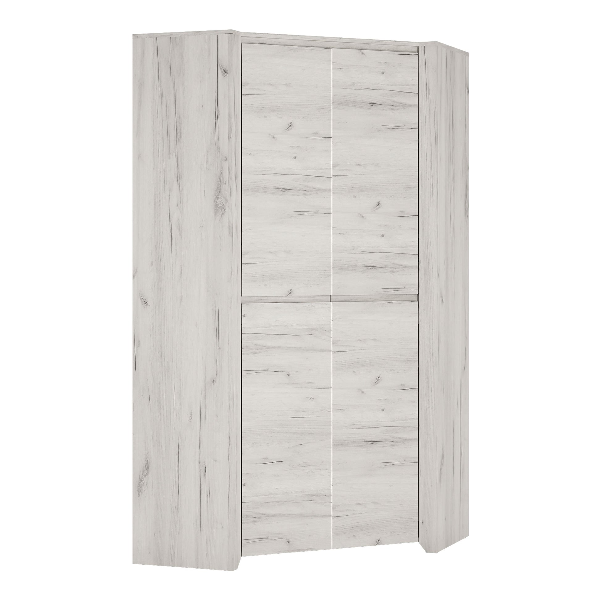 Angel corner fitted wardrobe in white oak-effect finish, featuring clean vertical panels and a space-efficient design with minimalist styling