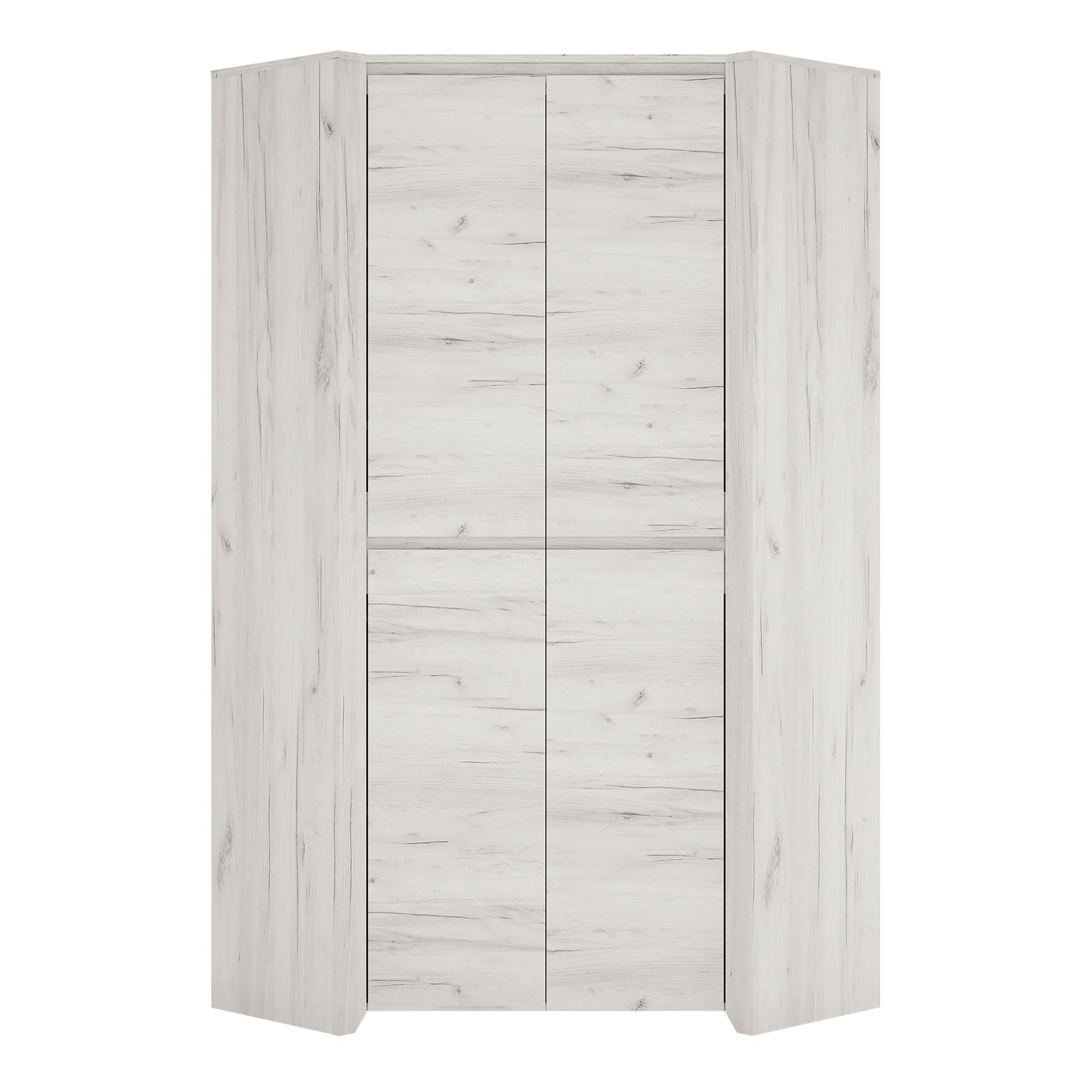 Angel corner fitted wardrobe in white oak-effect finish, featuring clean vertical panels and a space-efficient design with minimalist styling