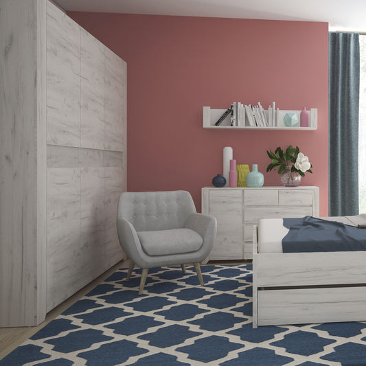 Angel 3 door wardrobe in white oak-effect finish, featuring clean vertical panels and a spacious modern design for maximum bedroom storage