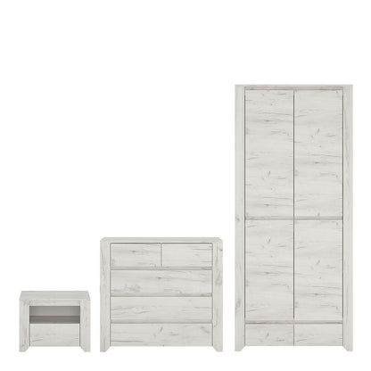 Angel 3 piece white oak-effect bedroom furniture set including 1 drawer bedside cabinet, 5 drawer chest, and 2 door 2 drawer wardrobe, in a modern matching finish