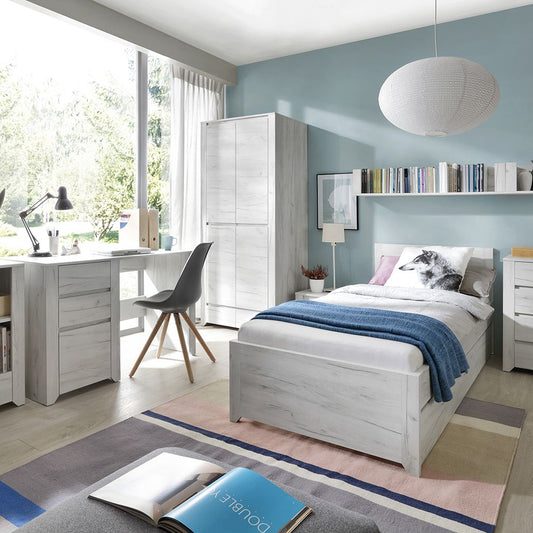 Angel 3 piece white oak-effect bedroom furniture set including 1 drawer bedside cabinet, 5 drawer chest, and 2 door 2 drawer wardrobe, in a modern matching finish