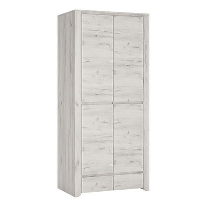 Angel Bedroom Furniture Set – 3 Piece Package in White Oak Finish | Bedside Table, 5 Drawer Chest & 2 Door 2 Drawer Wardrobe