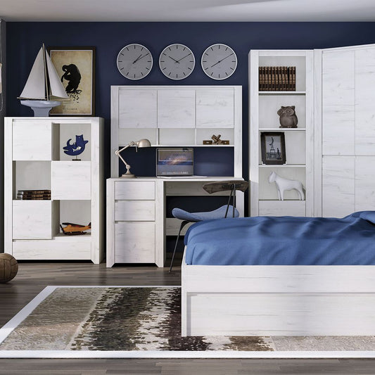 Angel 3 drawer desk in white oak-effect finish featuring a spacious worktop and three vertical storage drawers, perfect for a modern home office or bedroom