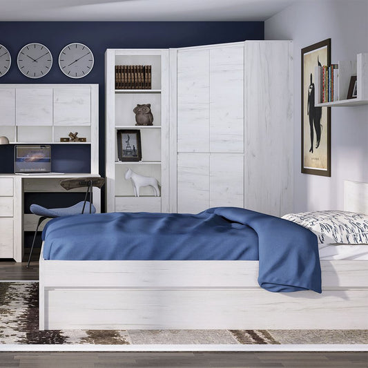 Angel corner fitted wardrobe in white oak-effect finish, featuring clean vertical panels and a space-efficient design with minimalist styling