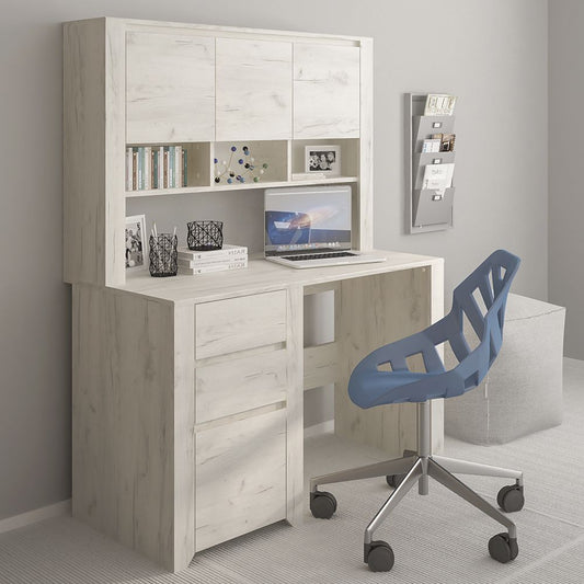 Angel desk top unit in white oak-effect finish mounted above matching desk, featuring three closed cupboards and an open shelf for organized workstation storage