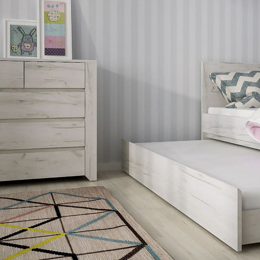 Angel 2+3 chest of drawers in white oak-effect finish with two small top drawers and three wide drawers, ideal for bedroom storage