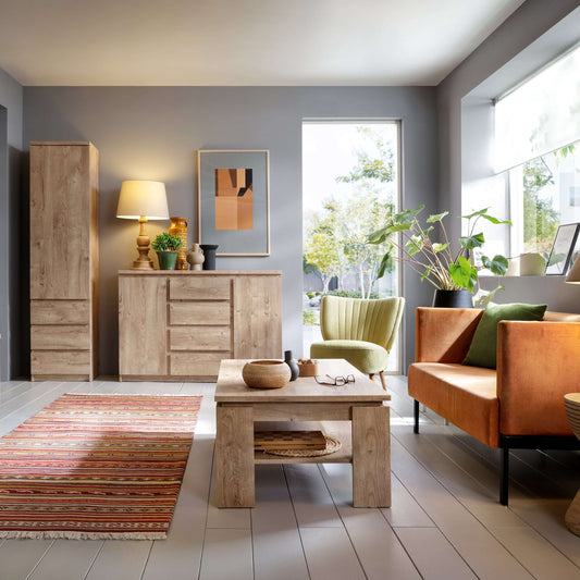 Modern living room showcasing oak furniture, featuring a sideboard, coffee table, and stylish seating.