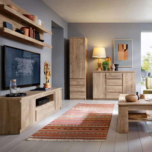 Modern living room featuring Fribo furniture, including a TV cabinet, stylish shelves, and a warm color scheme.