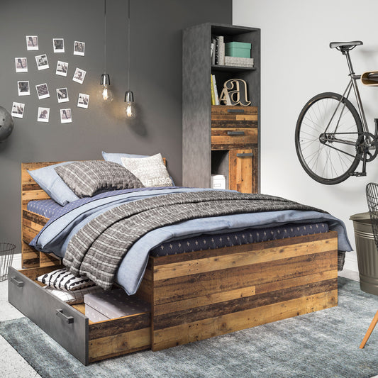 Brooklyn Industrial Single Bed with Storage – Rustic Walnut & Concrete Effect