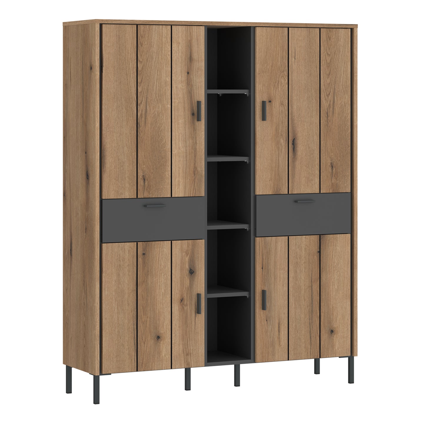 Modern oak and anthracite grey wardrobe with 4 doors, 2 drawers, open shelving, and high black metal legs, designed in a sleek contemporary style.