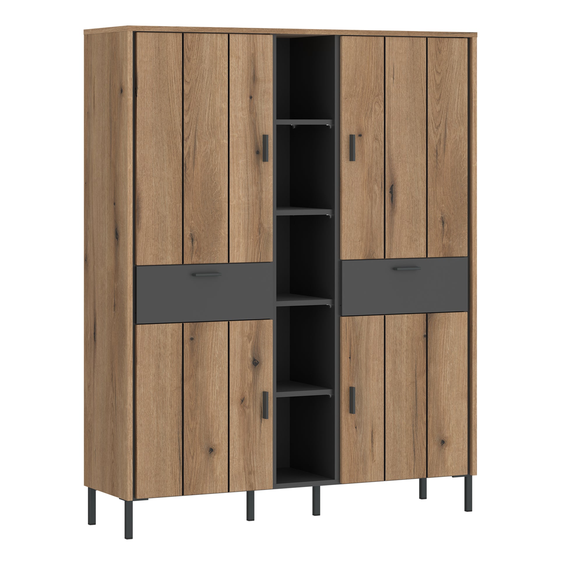 Modern oak and anthracite grey wardrobe with 4 doors, 2 drawers, open shelving, and high black metal legs, designed in a sleek contemporary style.
