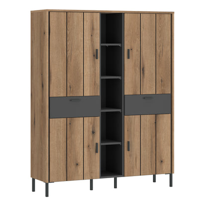 Modern oak and anthracite grey wardrobe with 4 doors, 2 drawers, open shelving, and high black metal legs, designed in a sleek contemporary style.