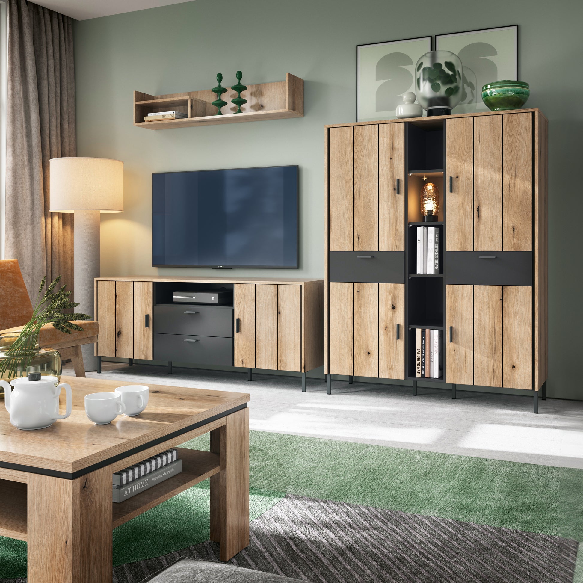 Modern oak and anthracite grey wardrobe with 4 doors, 2 drawers, open shelving, and high black metal legs, designed in a sleek contemporary style.