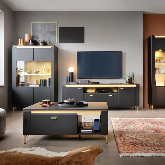 Genoa 2 Door 4 Drawer Sideboard in Black Matt with Gold Trim – Wide Modern Storage Cabinet