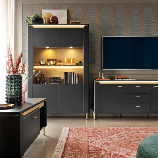 Wide black and gold display cabinet with two glass doors, tempered glass shelves, soft-close doors, and gold legs with LED lighting – Genoa Collection