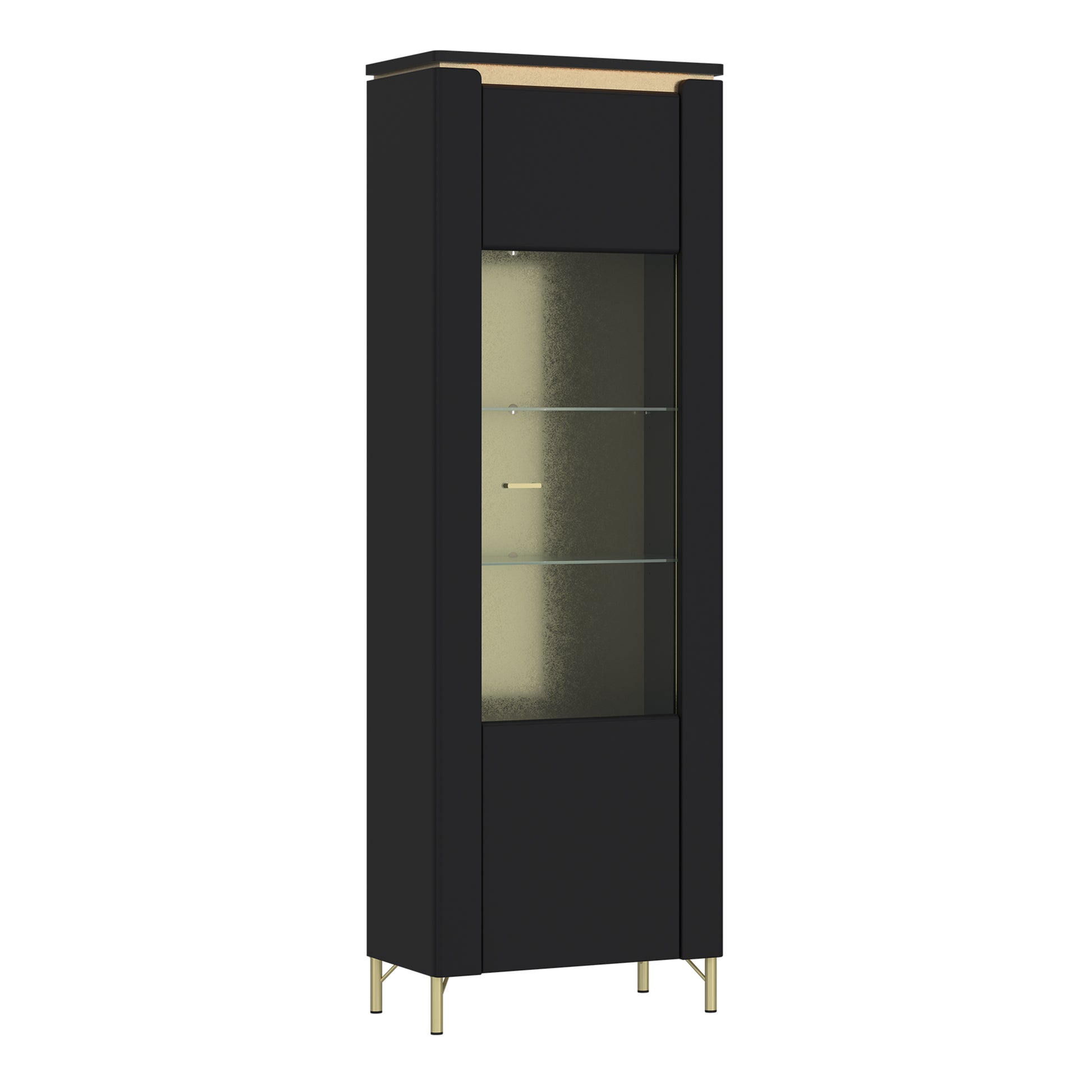 Tall black and gold display cabinet with glass door, glass shelves, and gold legs, featuring soft-close hinges and optional LED lighting – part of the Genoa Collection