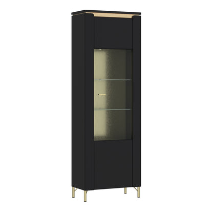 Tall black and gold display cabinet with glass door, glass shelves, and gold legs, featuring soft-close hinges and optional LED lighting – part of the Genoa Collection