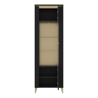 Tall black and gold display cabinet with glass door, glass shelves, and gold legs, featuring soft-close hinges and optional LED lighting – part of the Genoa Collection